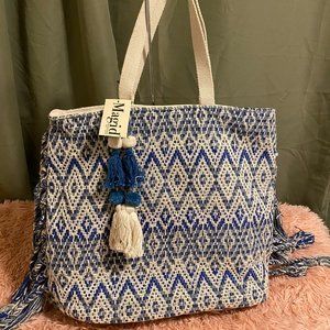 Magid Fringed Beach Tote- Navy/White